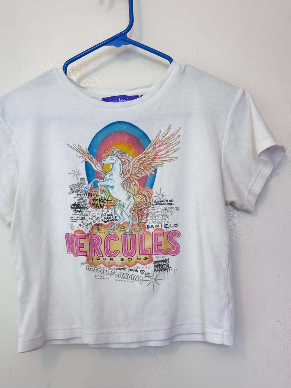 White Elton John Hercules Graphic Crop Tee with Pegasus Print